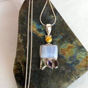 Sterling Silver 925 Blue Lace Agate Pearl Multi Gemstone Pendant Necklace 24"